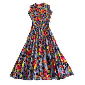 Fashions by Marilyn NY VTG 60s 70s Psychedelic Op Art Polyester Maxi Dress Med